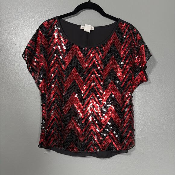 Body Central Women's Red & Black Chevron Sequin Top - Size Medium - Maximalist - Picture 1 of 5